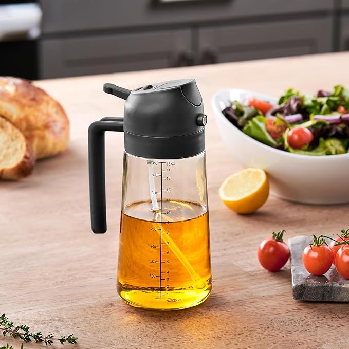 FineDine 16 oz Glass Olive Oil Sprayer for Cooking, Oil Dispenser, Black | Glass 2-in-1 olive oil dispenser bottle, oil dispenser for kitchen, oil spray bottle, mist or stream, anti-drip spout, salads