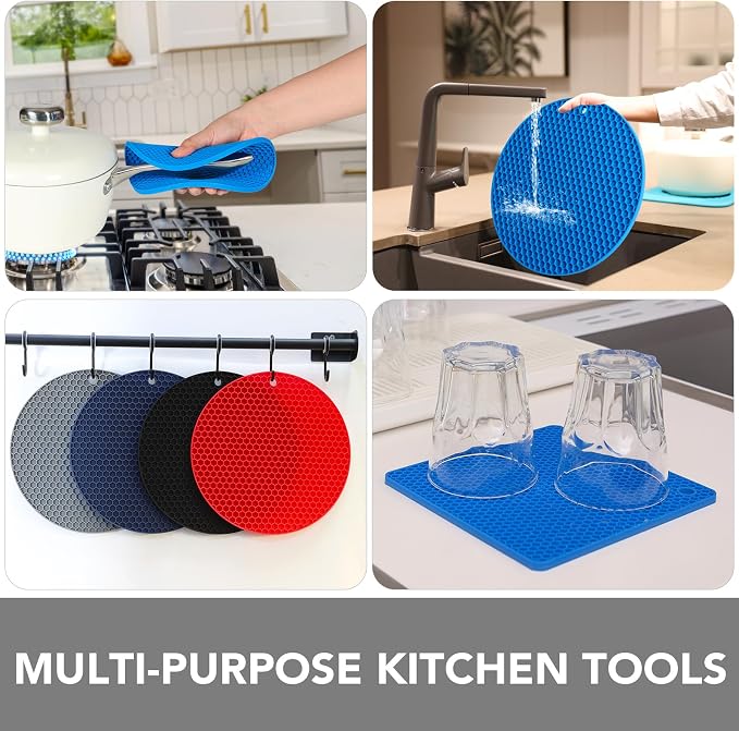 4 Pack Silicone Trivet for Hot Dishes | Heat Resistant Silicone Pot Holders for Kitchen Countertops, Hot Dishes, Jar Opener, Spoon Holder, Easy to Wash, True Blue
