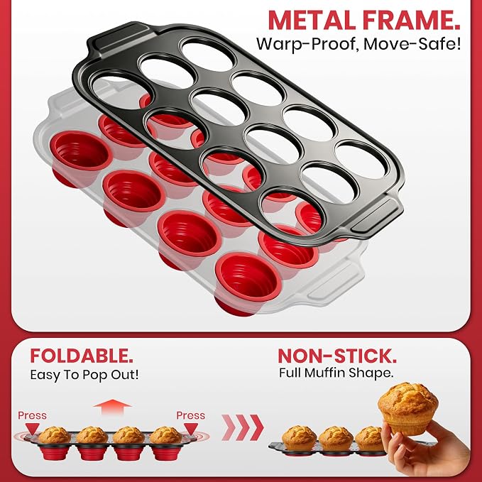 Silicone Muffin Pan for Baking with Metal Reinforced Frame - 12 Cups Regular Size Cupcake Pan Muffin Tins Egg Bite Molds - Nonstick, Easy to Pop, Bakeware for Oven, BPA Free (12-Cups Red)