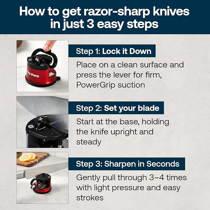 AnySharp – Pro – Hands Free Knife Sharpener - Easy to Use Sharpening Tool with PowerGrip Suction Base and 20-Degree Pre-Set Angle - for All Knives: Chef's, Serrated, and Hardened Steel - Matte Red