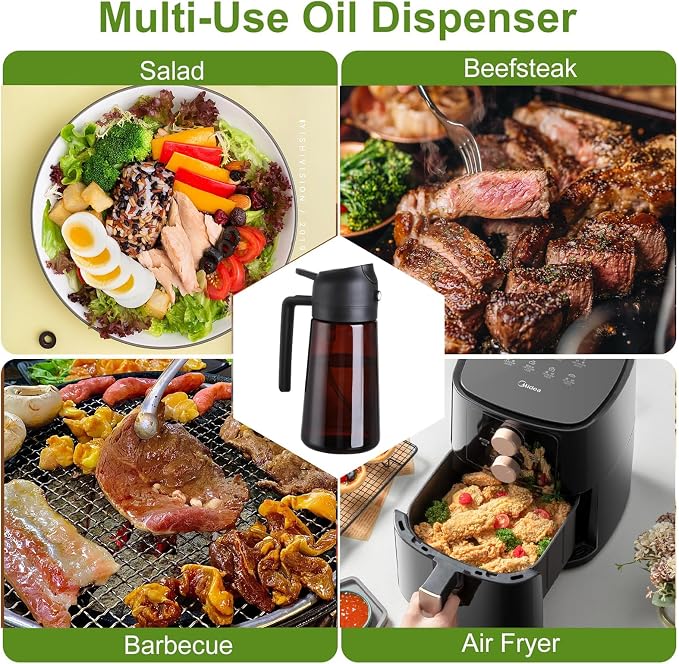 Oliver Oil Sprayer Dispenser for Cooking Bottle 16oz Dark Glass Green | 2-in-1 Lightproof Borosilicate Glass Oil Bottle, Wide Mouth for Easy Refill Clean