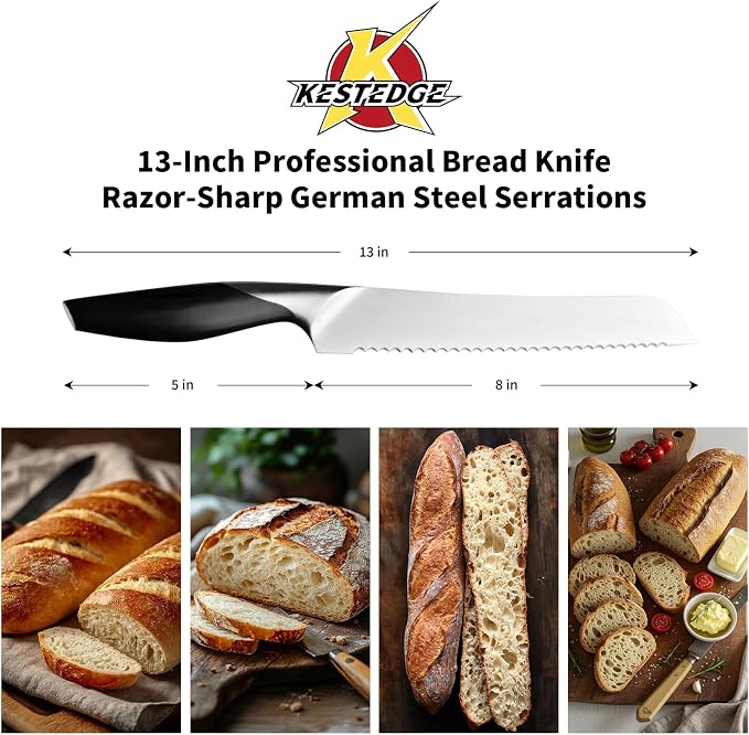 8 Inch Serrated Bread Knife German Steel Sourdough Slicer | German 1.4116 Steel, Dolphin-Curved Serrated Blade, Ambidextrous ABS Handle, Full Tang, for Sourdough and Artisan Breads