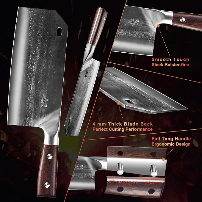 ENOKING 8.1″ Hand Forged Serbian Cleaver & Chef’s Knife – High Carbon Stainless Steel Butcher Knife with Full Tang for Kitchen & Outdoor