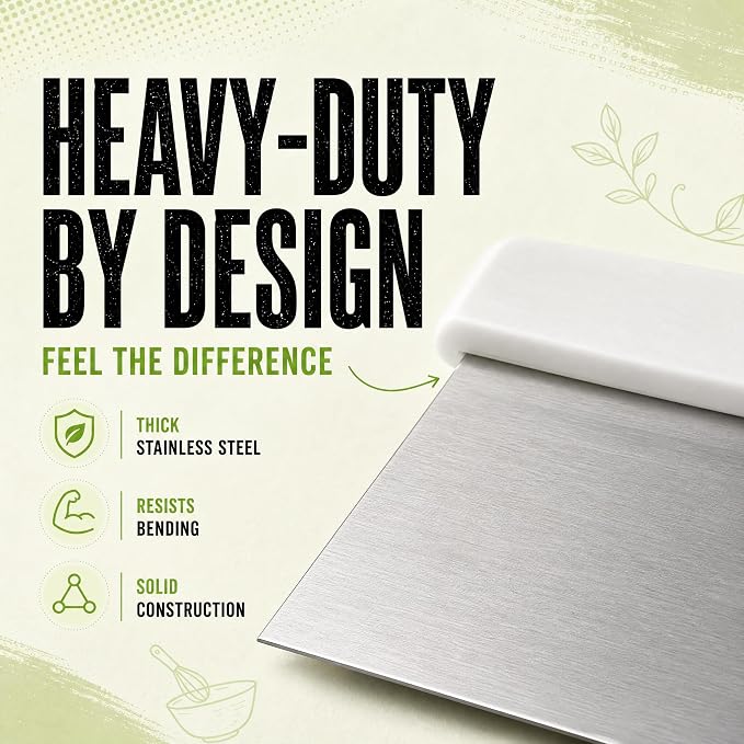 Stainless Steel Dough Cutter and Bench Scraper with White Plastic Handle - Pastry Scraper and Dough Divider for Bread, Pizza, Pastry, Baking Prep, and for Kitchen Use (5 7/8" x 4 1/4")