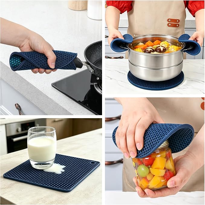Trivets for Hot Dishes, Non-Slip Hot Pads for Kitchen Countertop Protector, 4-Pack Heat Resistant Silicone Trivets for Hot Pots and Pans Food Grade Silicone Navy Blue