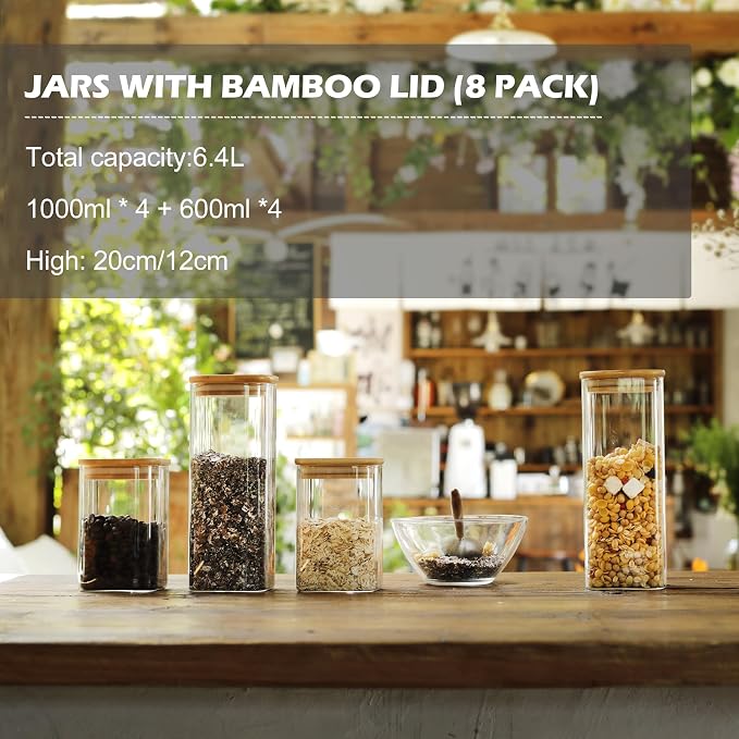LIBWYS 8-Pack Square Glass Storage Jars with Bamboo Lids (0.6Qt/1.06Qt) | Stackable Dry Food Containers for Pantry Organization, Coffee, Flour, Snacks, Tea, Sugar | Kitchen Canisters Set