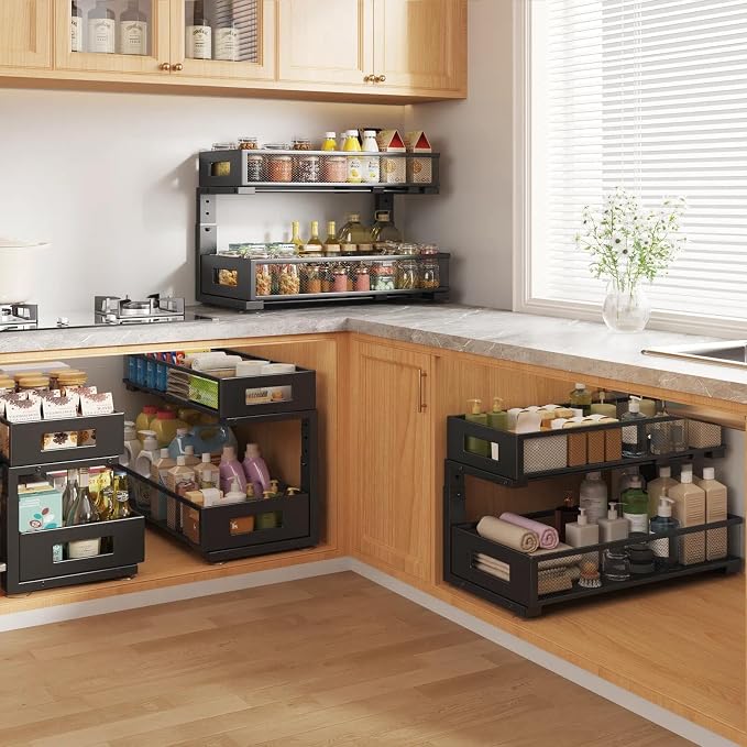 2 Packs 21IN Depth Under Sink Organizer, 2-Tier Pull Out Cabinet Organizer With Smooth Circular Rail, Large Capacity Metal Mesh Sliding Drawers For Bathroom& Kitchen Storage,Height Adjustable-Black