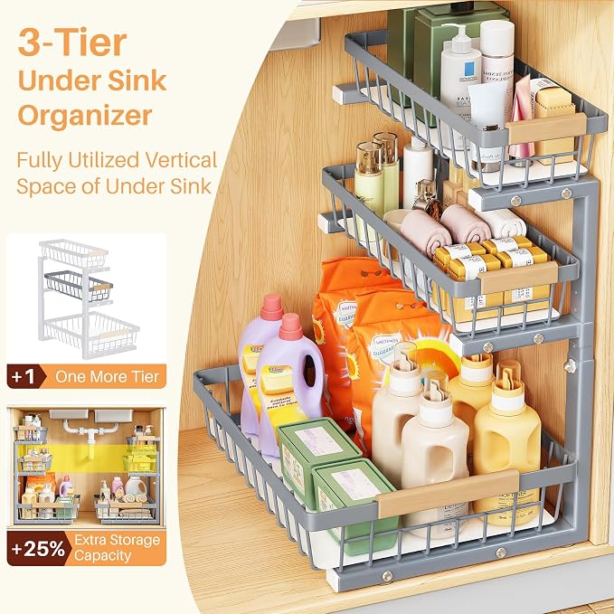 PXRACK Under Sink Organizer, 1-Pack 3-Tier Height Adjustable Thickened Metal Pull out Cabinet Organizer Shelf, Slide out Storage Drawer Rack for Bathroom Kitchen Pantry Home Organization, Grey