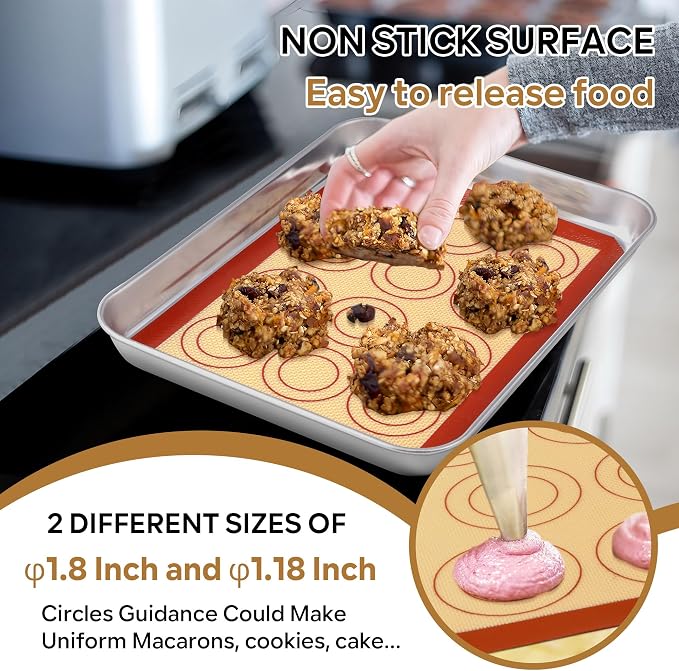 P&P CHEF 9.7 Inch Silicone Baking Mat, 2Pcs Non-stick Silicone Oven Mats | Reusable Baking Supplies for Macaroon Pastry Bread Dough Cookie Pizza, Good for Roasting Kneading, Fit Well with Sheet Pan