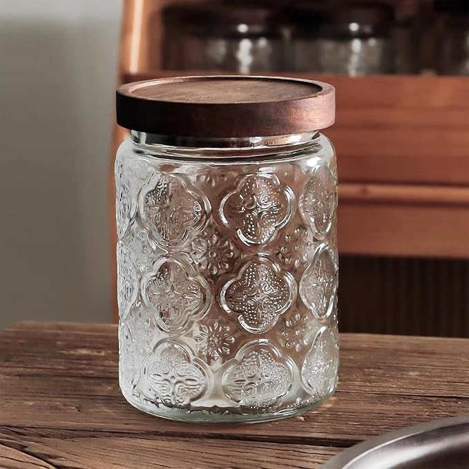 Glass Storage Jars With Airtight Lid, 23.7oz Container For Kitchen Counter with Wooden Lid, brown sugar, candy, coffee, cookie, salt, tea, cute Jar (Begonia Flowers*2)