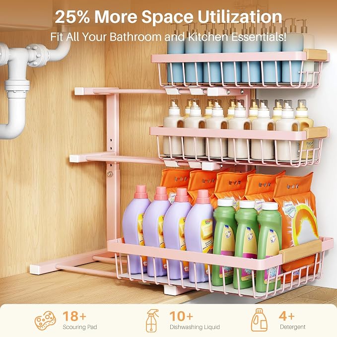 PXRACK Under Sink Organizer, 2-Pack 3-Tier Height Adjustable Thickened Metal Pull out Cabinet Organizer Shelf, Slide out Storage Drawer Rack for Bathroom Kitchen Pantry Home Organization, Pink