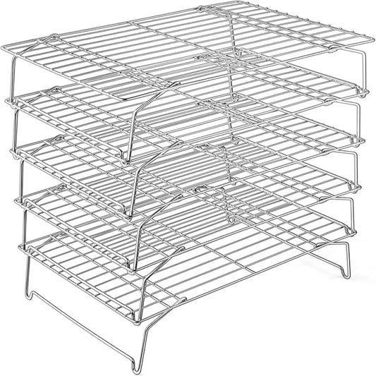 P&P CHEF Cooling Rack, 5-Tier Stainless Steel Stackable Baking Cooking Racks for Cooling Roasting Grilling, Collapsible & Heavy Duty, Oven Safe & Easy Clean, 16.5" x 11.4", Silver
