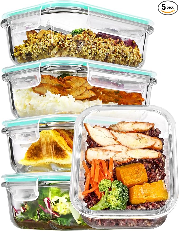 Vtopmart 5Pack 22oz Glass Storage Containers with Lids, Green | Glass Meal Prep Food Container Sets, Snap Airtight Lid, For Microwave, Oven, Freezer and Dishwasher, BPA Free