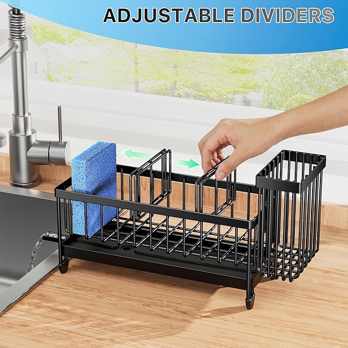 Cisily Sponge Holder for Kitchen Sink, Sink Organizer with Brush Holder | Kitchen Countertop Organizers and Storage Essentials, Rustproof 304 Stainless Steel (Black, 9.25″)