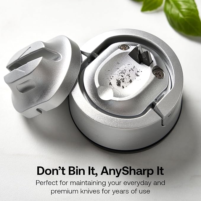 AnySharp – Evo – Hands Free Knife Sharpener - Easy to Use Sharpening Tool with Improved PowerGrip Suction Base and 20-Deg Pre-Set Angle - for All Knives: Chef's, Serrated, and Hardened Steel - Silver