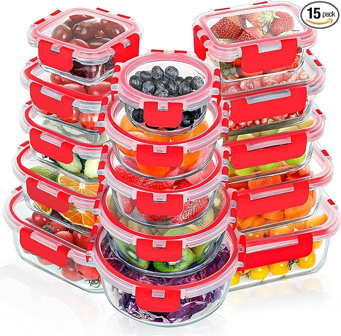 VERONES 30 Pieces Glass Food Storage Containers Set with Lids, Red | Stackable Glass Meal Prep Containers Set with Lids, Airtight Lunch Containers, for Microwave, Oven, Freezer & Dishwasher