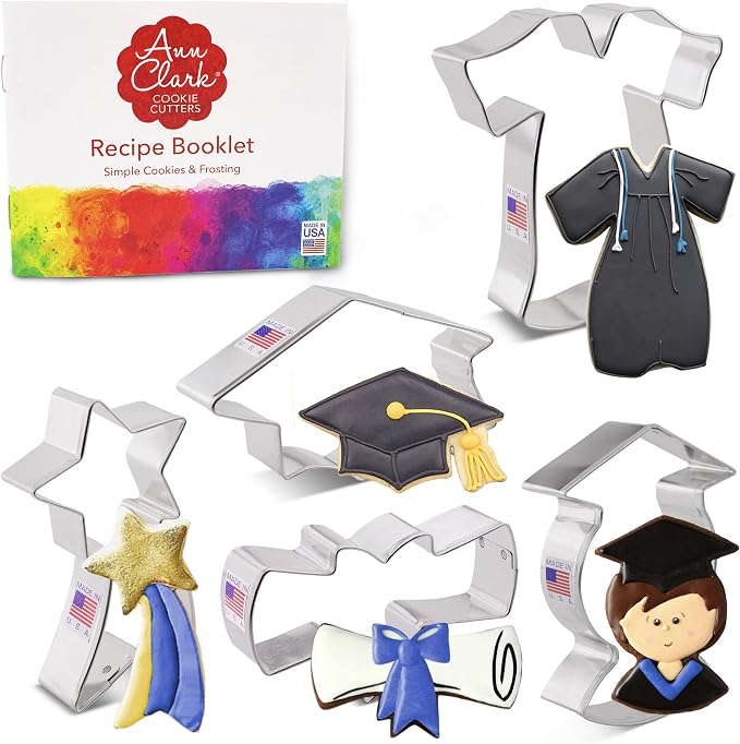 Ann Clark Graduation Cookie Cutters 5-Pc. Set Made in the USA, Graduation Cap, Gown, Diploma, Graduate, Shooting Star