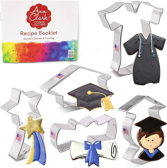 Ann Clark Graduation Cookie Cutters 5-Pc. Set Made in the USA, Graduation Cap, Gown, Diploma, Graduate, Shooting Star
