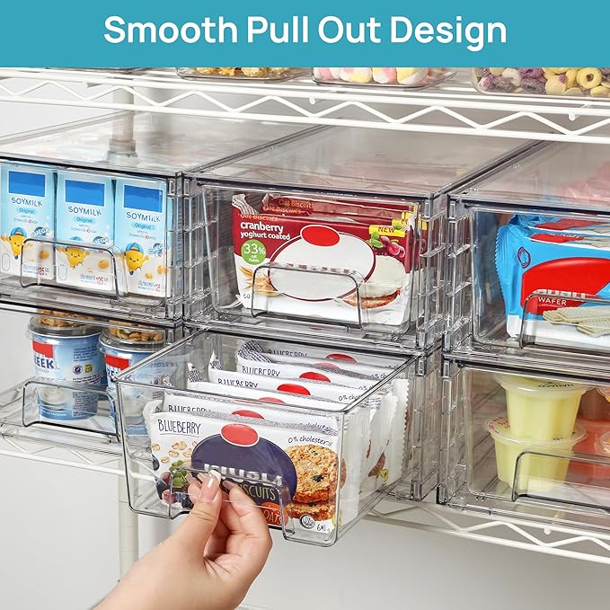 Vtopmart 6 Pack Stackable Storage Drawers,Clear Acrylic Drawer Organizers with Handles, Easily Assemble Containers for Fridge, Bathroom,Kitchen Undersink,Cabinet,Pantry Organization and Storage | Clear Drawer Organizers with Removable Dividers for Flex...