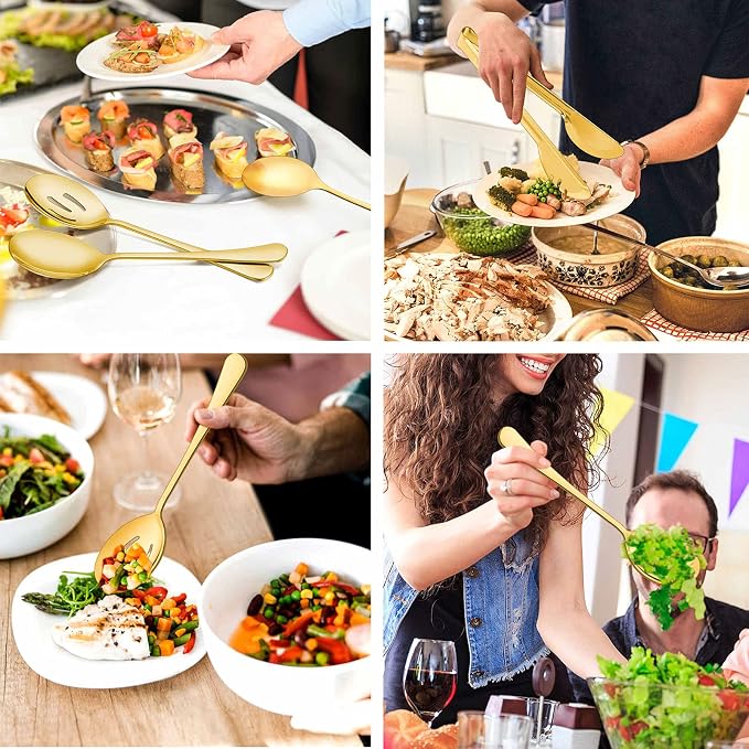 LIANYU 9-Piece Large Gold Serving Utensils Set, 9.8 Inch Stainless Steel Buffet Banquet Catering Serving Spoons Tongs Set, Dishwasher Safe