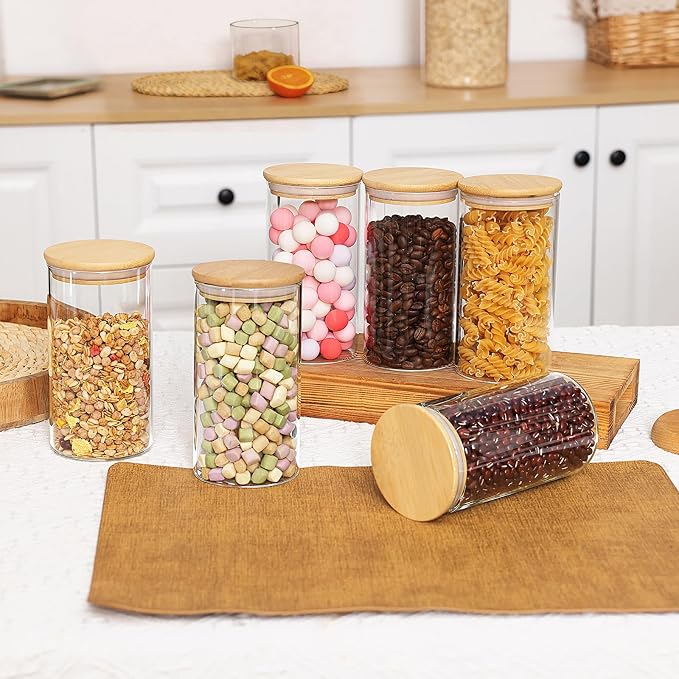 6pcs Glass Food Storage Containers with Bamboo Lids, 0.6qt Glass Jars | Airtight Pantry Storage Jars for Flour, Sugar, Dry Goods