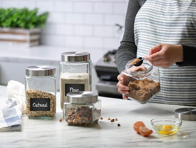 4pc Square Glass Cookie Jars with Airtight Lids + Marker & Labels, Canister Sets for Kitchen Counter or Bathroom - Food Storage Containers with Lids for Pantry - Flour, Sugar, Coffee, Cookies, etc.