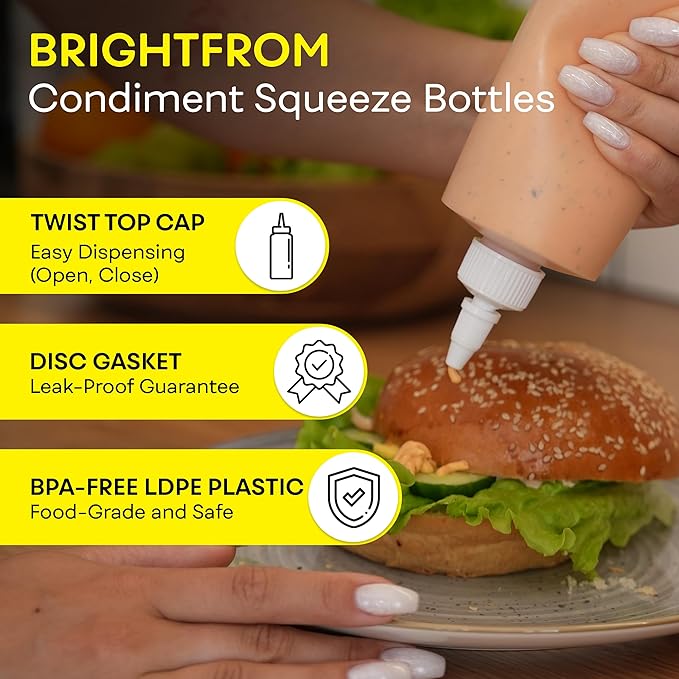BRIGHTFROM Condiment Squeeze Bottles, 16 OZ Empty Squirt Bottle with Twist Top Cap, Leak Proof - Great for Ketchup, Mustard, Syrup, Sauces, Dressing, Oil, Arts and Crafts, BPA FREE Plastic - 2 PACK