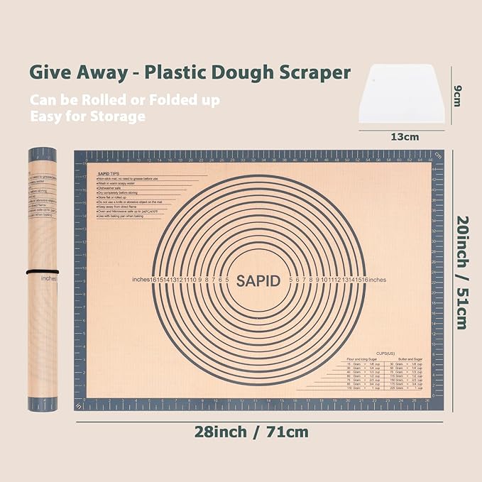 Sapid Thick Silicone Pastry Mat Baking Dough Rolling Extra Large 20" x 28" | Non-slip with Measurements for Non-stick Dough Rolling, Pie Crust, Kneading Mats, Countertop, Placement Mats (Gray)