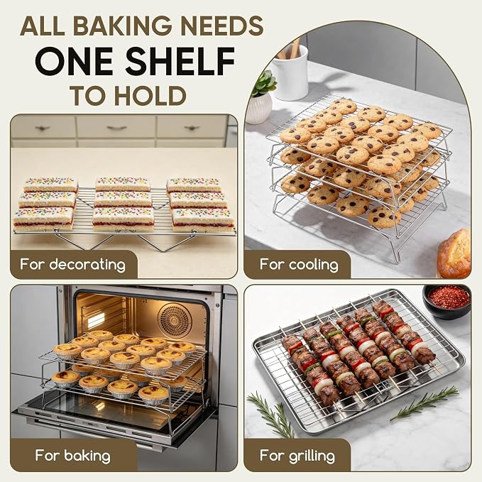 Herogo 15" x 10" Cooling Rack, 4-Tier Stainless Steel Baking Rack for Cookies, Cupcakes, and Pastries, Collapsible Space-Saving Design, Dishwasher Safe, Ideal for Baking, Roasting, and Drying