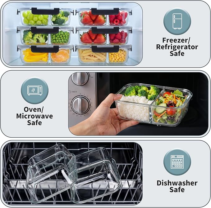 8 Pack 2 Compartment 30oz Borosilicate Glass Meal Prep Containers with Lids | Glass Food Storage Containers Set, Airtight Lunch Bento Boxes, BPA-Freefree & Leak proof, Dishwasher Freezer, Oven Safe