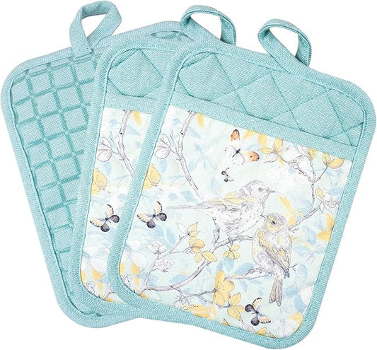 Pot Holders Set of 3 Silicone Printing Non Slip Heat Resistant, Yarm-Dyed Hot Pads Cotton Home Kitchen Cooking Barbecue Microwave Women Men Machine Washable BBQ Grilling. (Light Blue Potholders)