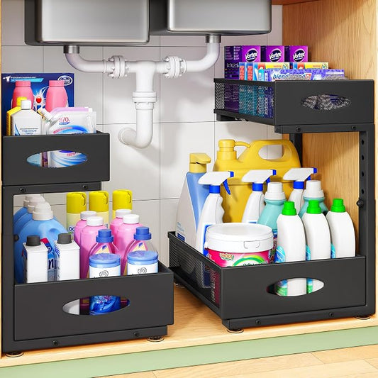 Under Sink Organizer, 2-Pack Pull Out Cabinet Organizer 2 Tier Metal Slide Out Storage Shelf Rack, L-Shaped Adjustable Height,Mesh Sliding Drawer for Kitchen, Bathroom, Laundry, Pantry, Black, XL