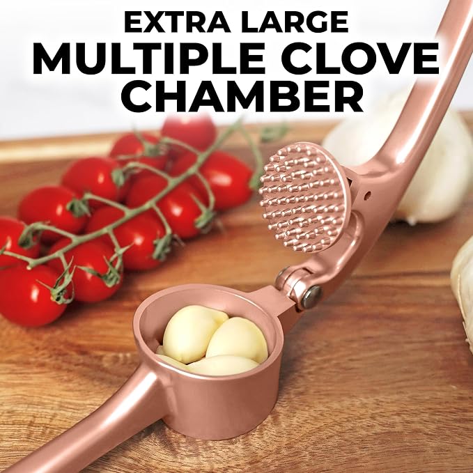 Zulay Kitchen Large Premium Garlic Press Set - Bigger Bowl for Bigger Garlic - Rust Proof Garlic Mincer Tool - Easy-Squeeze, Easy-Clean Silicone Garlic Peeler & Brush (Rose Gold)
