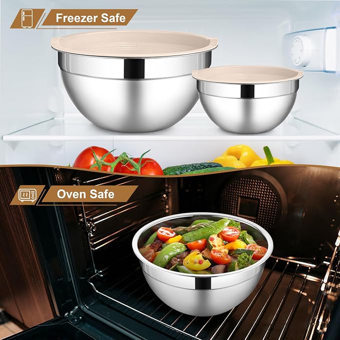 LIANYU 6 PCS Mixing Bowls with Lid Set, Size 7 & 3.5 & 2.5 & 2 & 1.5 & 1QT | Stainless Steel Cooking Serving Bowls, Kitchen Metal Nesting Bowl for Prepping & Food Storage, Dishwasher Safe, Khaki