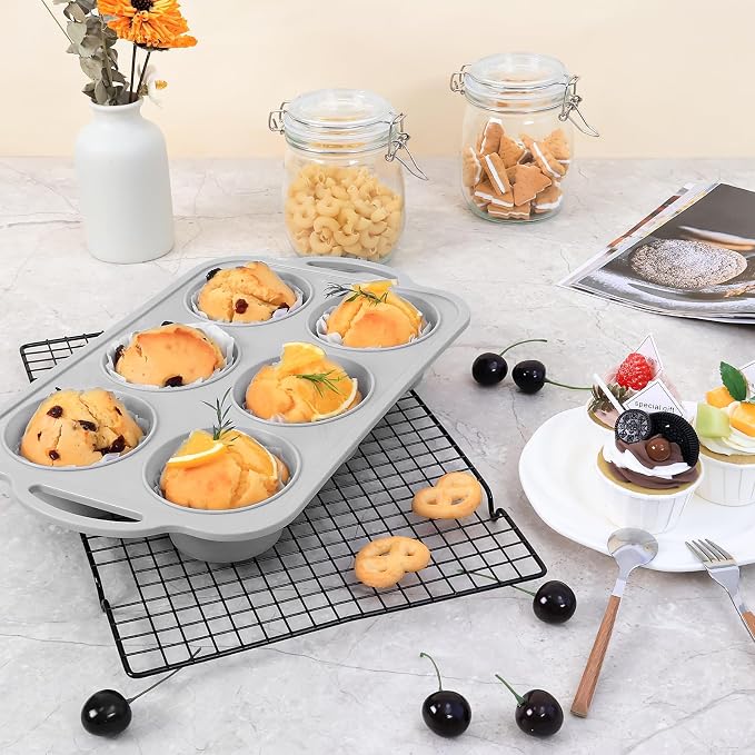 Jumbo Silicone Muffin Pan with Frame, Non Stick Large Cupcake Baking Tin | Silicone Cupcake Pan with Handles 6 Cup, BPA Free Silicon Muffin Tin Tray Extra Large for Baking Egg Bites Mold Light Grey