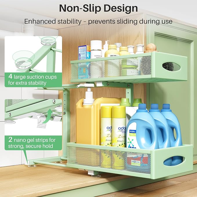 Under Sink Organizer, 2 Tier Pull out Cabinet Organizer Baskets with Mesh Sliding Drawers, Slide out Storage Shelf for Home, Kitchen, Bathroom, Pantry, Office Cabinet(1 Pack, Green)