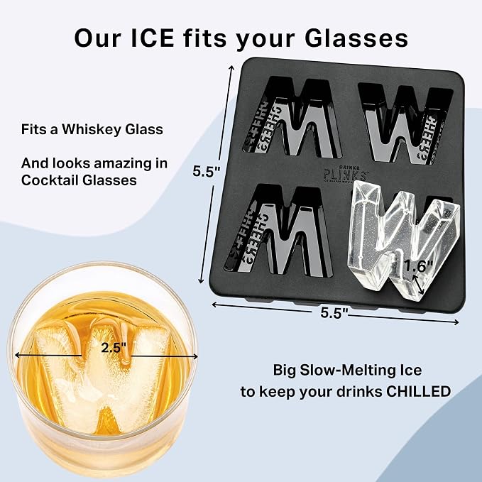 DRINKSPLINKS Custom Letter W Ice Cube Molds. Monogram Ice Cube Mold with Initials. Large Monogrammed Silicone Trays for Bourbon, Whiskey and Cocktails. Fun, Customized Gifts for Men and Women.