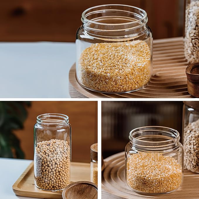 3 Pack 40 fl oz/1200 ml Clear Glass Storage Canister with Airtight Wooden Screw On Lid, Large Tall Decorative Glass Container Jar Set for Coffee, Nut, Tea, Candy, Cookie, Cereal, Sugar, Flour