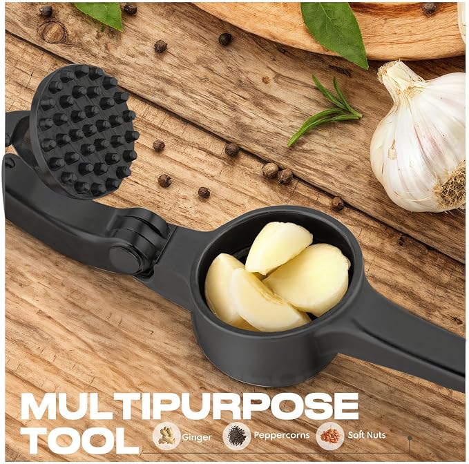 Kitchen Garlic Press, Rust Proof & Dishwasher Safe Garlic Mincer, Durable Garlic Crusher Set with Peeler＆Brush, Easy to Clean and Squeeze, Black