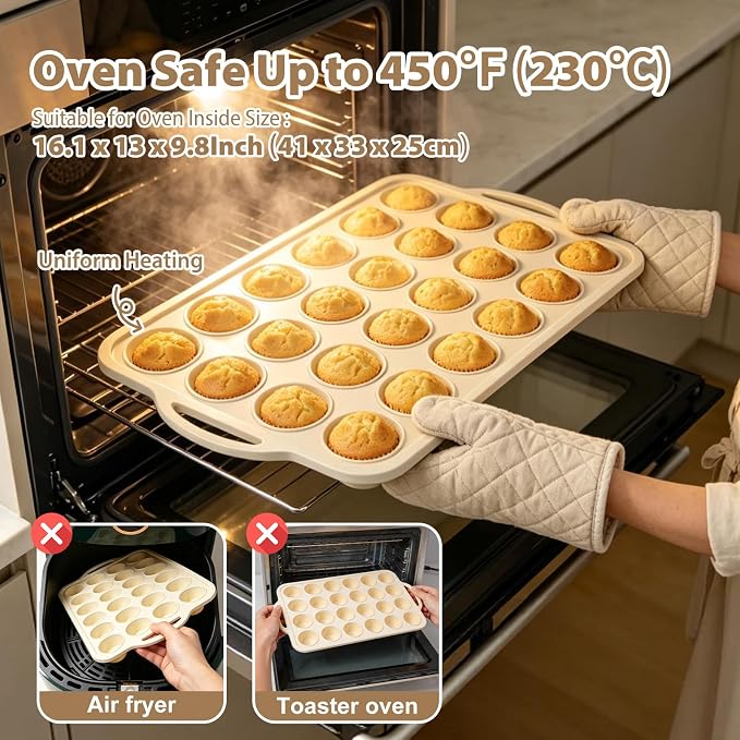 Beige Mini Silicone Muffin Molds: 2 Pack 24 Small Cupcake Mold for Baking | Silicone Mini Muffin Tray for Various Recipes - Molds with Metal Frame for Oven - for Baking Lovers Vnray