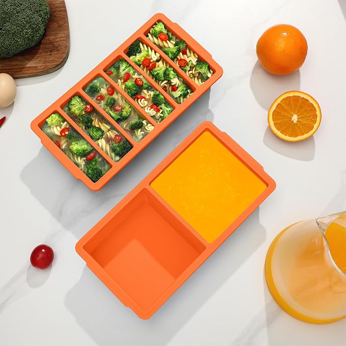 2-Pack Silicone Freezer Trays with Lid, 2 Large 2-Cup(500ml) & 6 Small 1/2-Cup(125ml) Soup Freezer Container Molds, Ice Cube Tray For Meal Prep & Freezing Soup, Stews, Sauces, Oven & Dishwasher-Safe