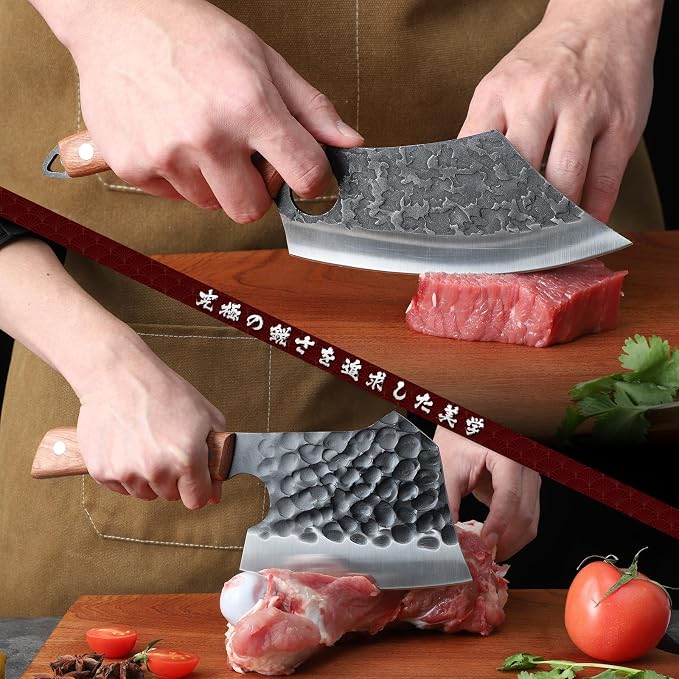 Huusk Butcher Knife Set of 3 - Full Tang Meat Cleaver Knife Set for Meat Processing, Hand Forged Viking Knives Sets with Bone Axe, Heavy-Duty Kitchen Knives Sets for Outdoor BBQ Cooking, Gifts for Men