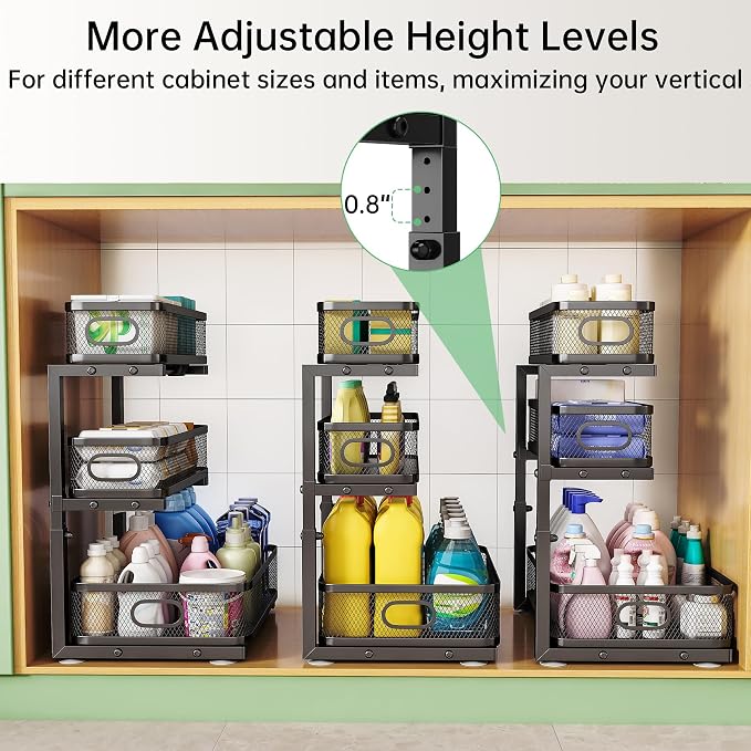 2-Pack 3-Tier Under Sink Organizer, Slide Out Cabinet Storage, Kitchen/Bath | 2-Pack Value Set, Height Adjustable, Carbon Steel Holds 60 lbs Each, Fits Kitchen & Bathroom Vanity Simultaneously