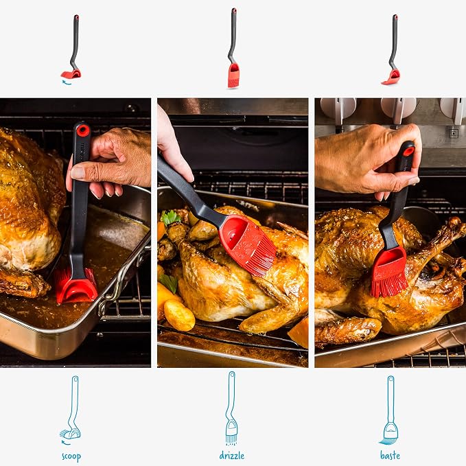 Dreamfarm Brizzle 3-In-1 Flexible Silicone Sit-Up Basting, Drizzle, Scooping Brush with In-Built Sauce Resevoir - Red | Sit-up, mess-free BBQ and pastry brush, flexible bristles, scoop and drizzle baster, holds 1 tbsp of liquid