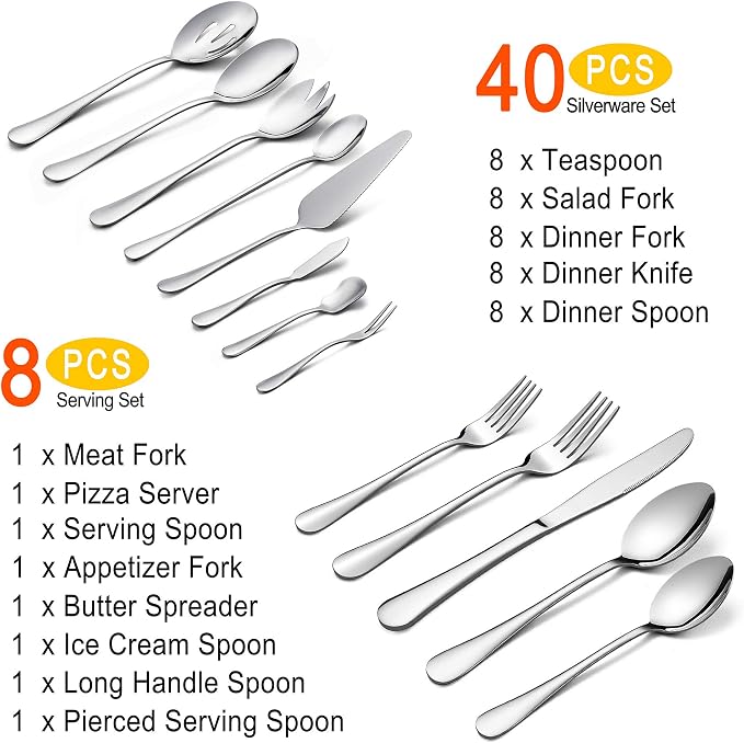 LIANYU 48-Piece Silverware Set with Serving Utensils, Flatware Set for 8, Includes Knives, Spoons and Forks, Stainless Steel Cutlery Eating Utensils, Mirror Finish, Dishwasher Safe