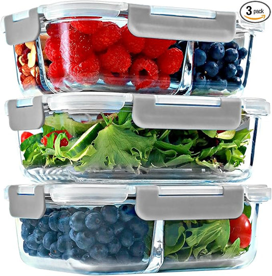 Glass Meal Prep Containers 1 & 2 & 3 Compartments, Airtight, 35 oz, 3 Pack | Lunch Bento Box, Portion Control Food Storage Dishes, Divided Snack Boxes, Dishwasher Microwave Oven Freezer Safe, Gray