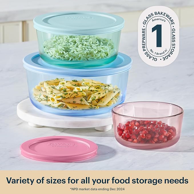 Pyrex Colors (3-Pack, Medium) Tinted Glass Round Food Storage Container Set | Meal prep containers (2, 4 & 7 cup) with snug fit plastic BPA-free lid, freezer, dishwasher, & microwave safe