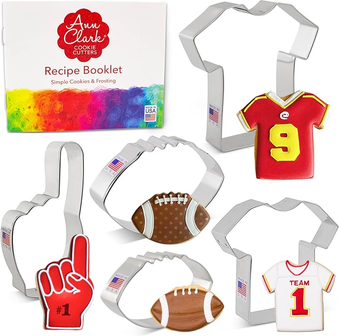 Ann Clark Football Cookie Cutters 5-Pc. Set (Fan Hand, Large Football, Small Football, Large T-shirt/Jersey, Small T-shirt/Jersey) Made in USA