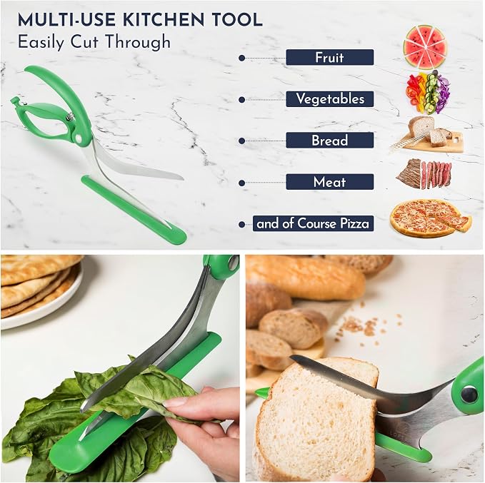 Pizza Scissors - Non-Stick Pizza Scissors with Firm Grip Base - Food Grade Stainless Steel Pizza Cutter - 5-in-1 Food Slicer & Pizza Server - Durable, Safe & Mess Free - Green