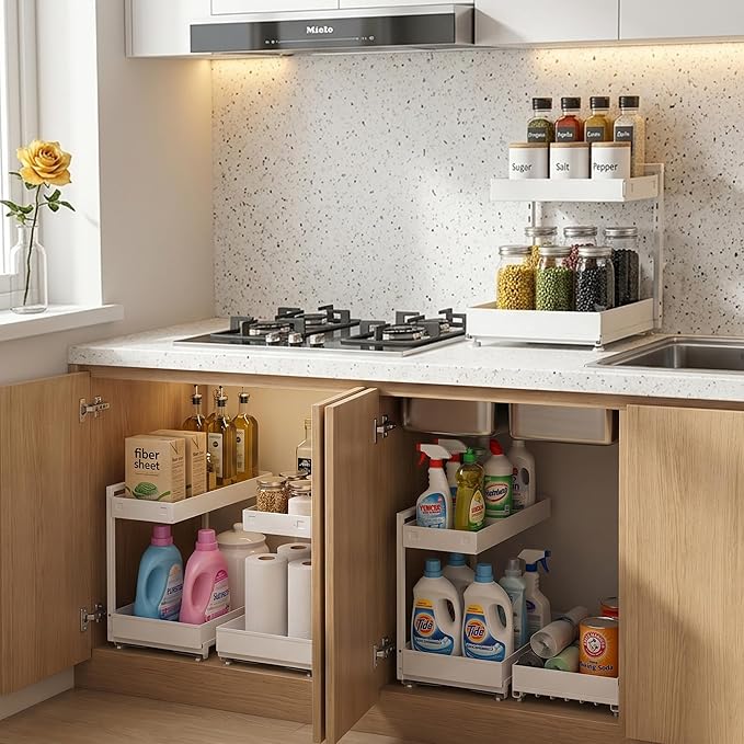 Under Sink Organizer 2 Pack, 2-Tier Metal Slide-Out, Height Adjustable | 2-pack pull-out under sink shelf, 2-tier cream white metal, adjustable height, fits U-pipes, 50lbs hold